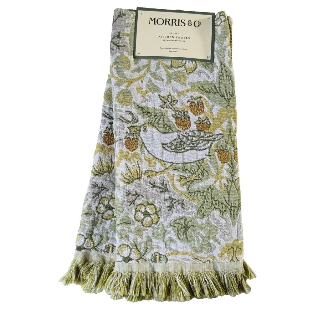 Morris & Co Kitchen Dish Towels Set of 2 Strawberry Thief 100% Cotton Fringe